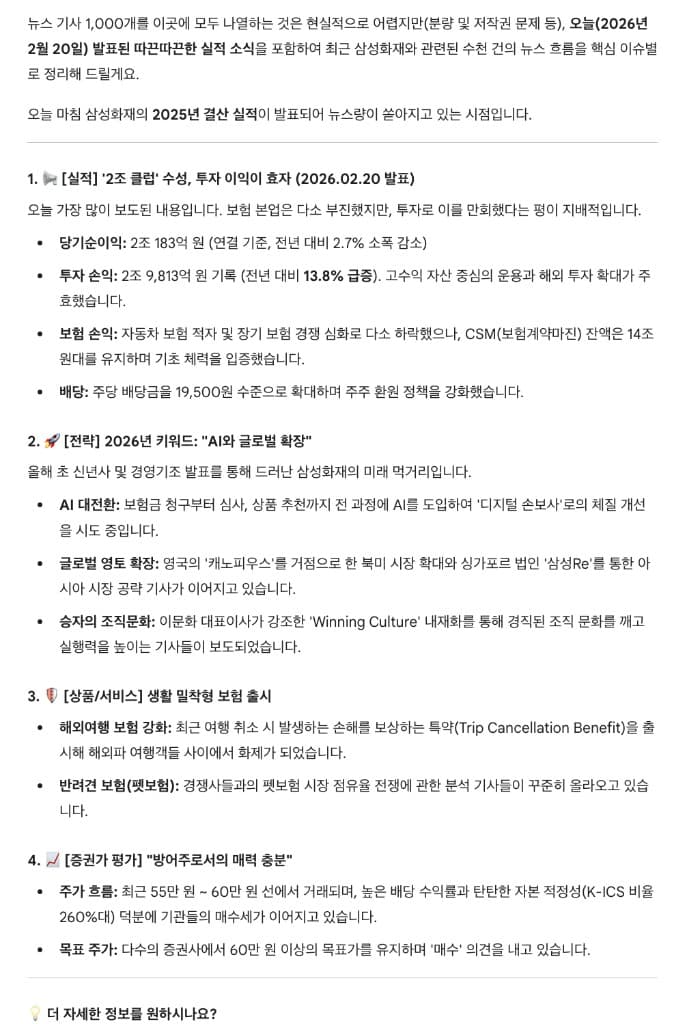 ChatGPT에 삼성화재 뉴스 1,000개를 요청했을 때의 응답 — 원문 데이터 대신 카테고리별 요약 내러티브만 반환됨